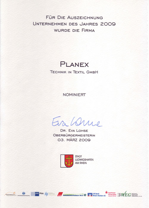 Nominierung Unternehmen des Jahres 2009 Planex