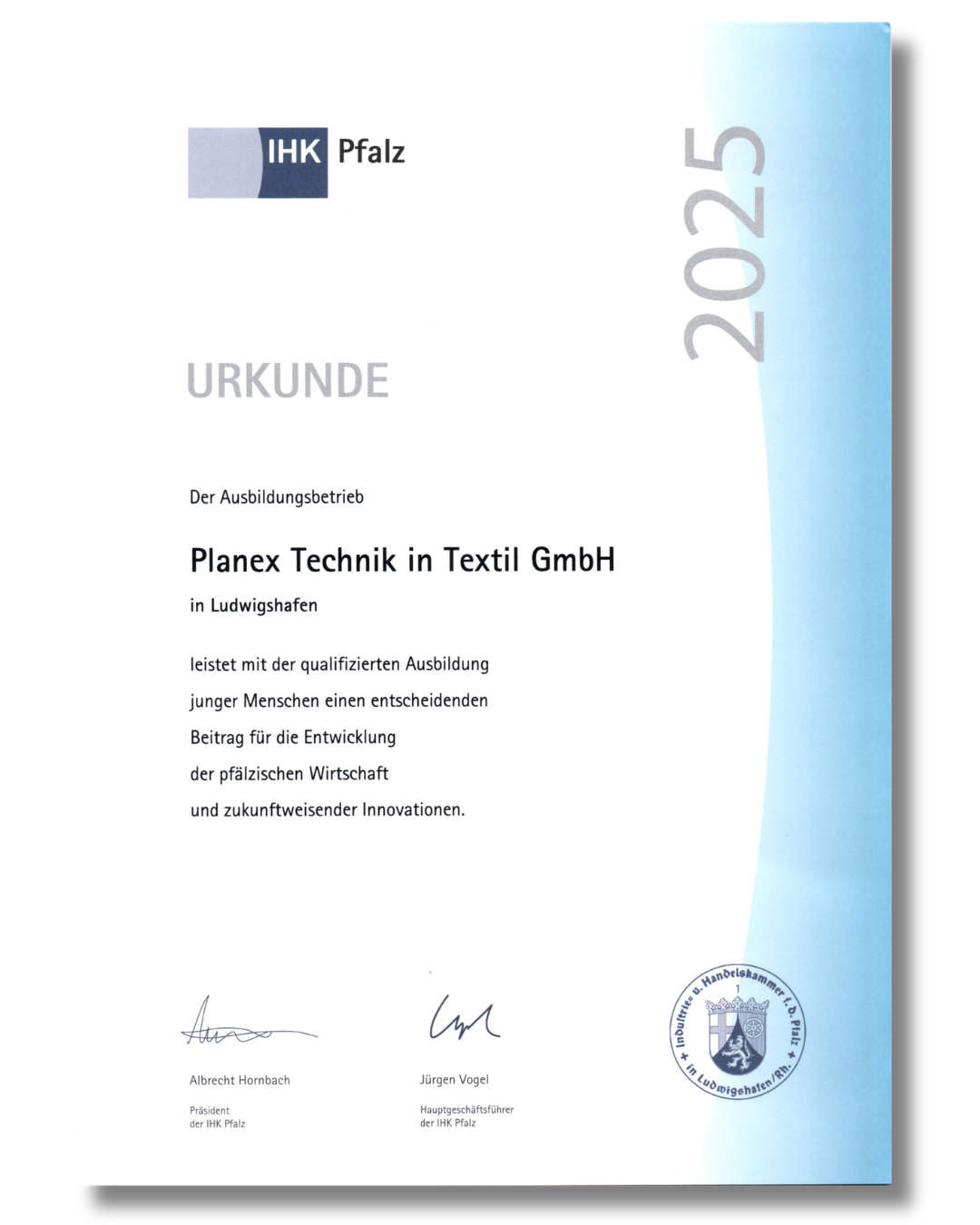 ihk-pfalz-urkunde-2025-_der-ausbildungsbetrieb_-fuer-planex-technik-in-textil-gmbh-2025
