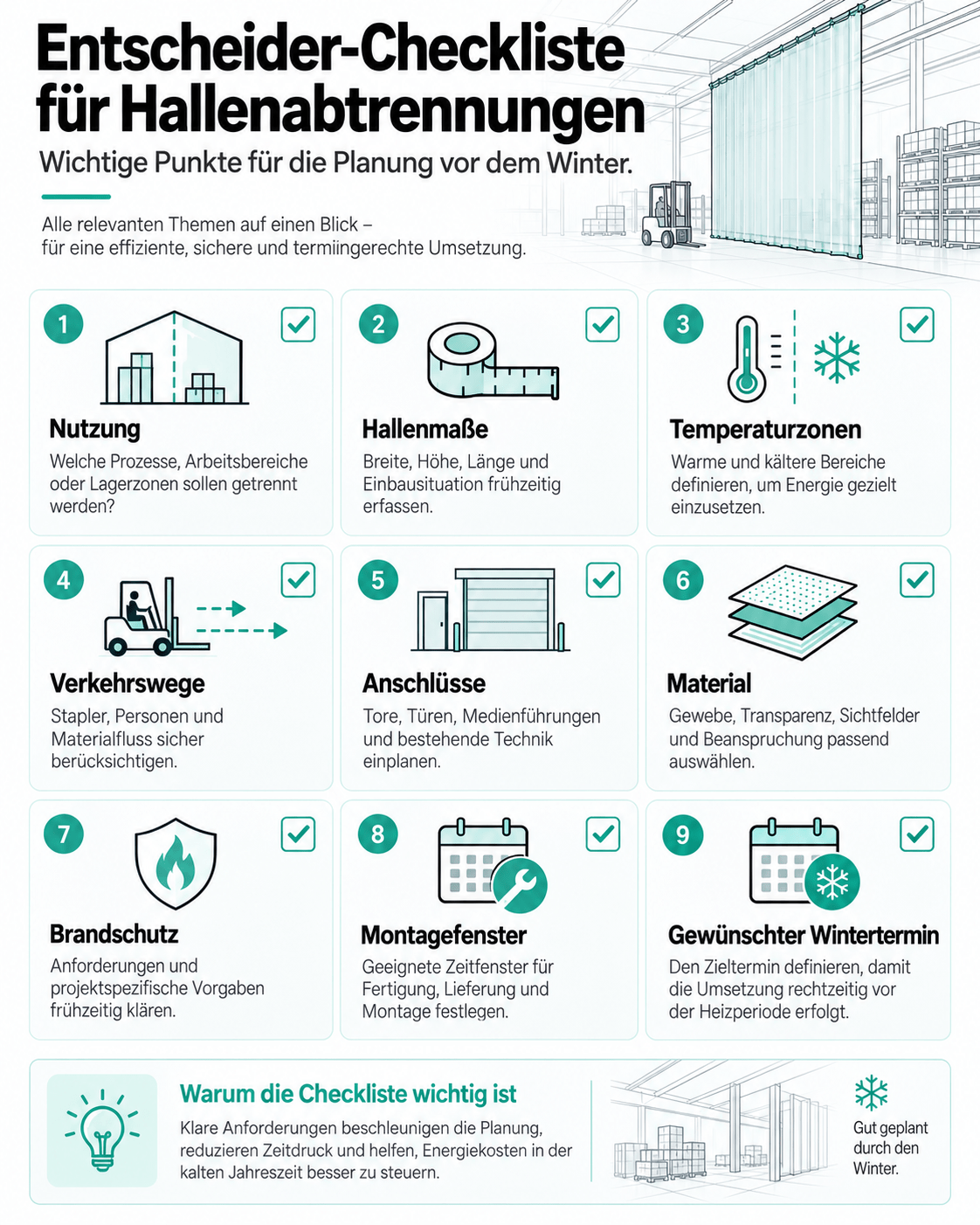 Entscheider Checkliste für Hallenabtrennungen mit Nutzung, Hallenmaßen, Temperaturzonen, Verkehrswegen, Anschlüssen, Material, Brandschutz und Montagetermin
