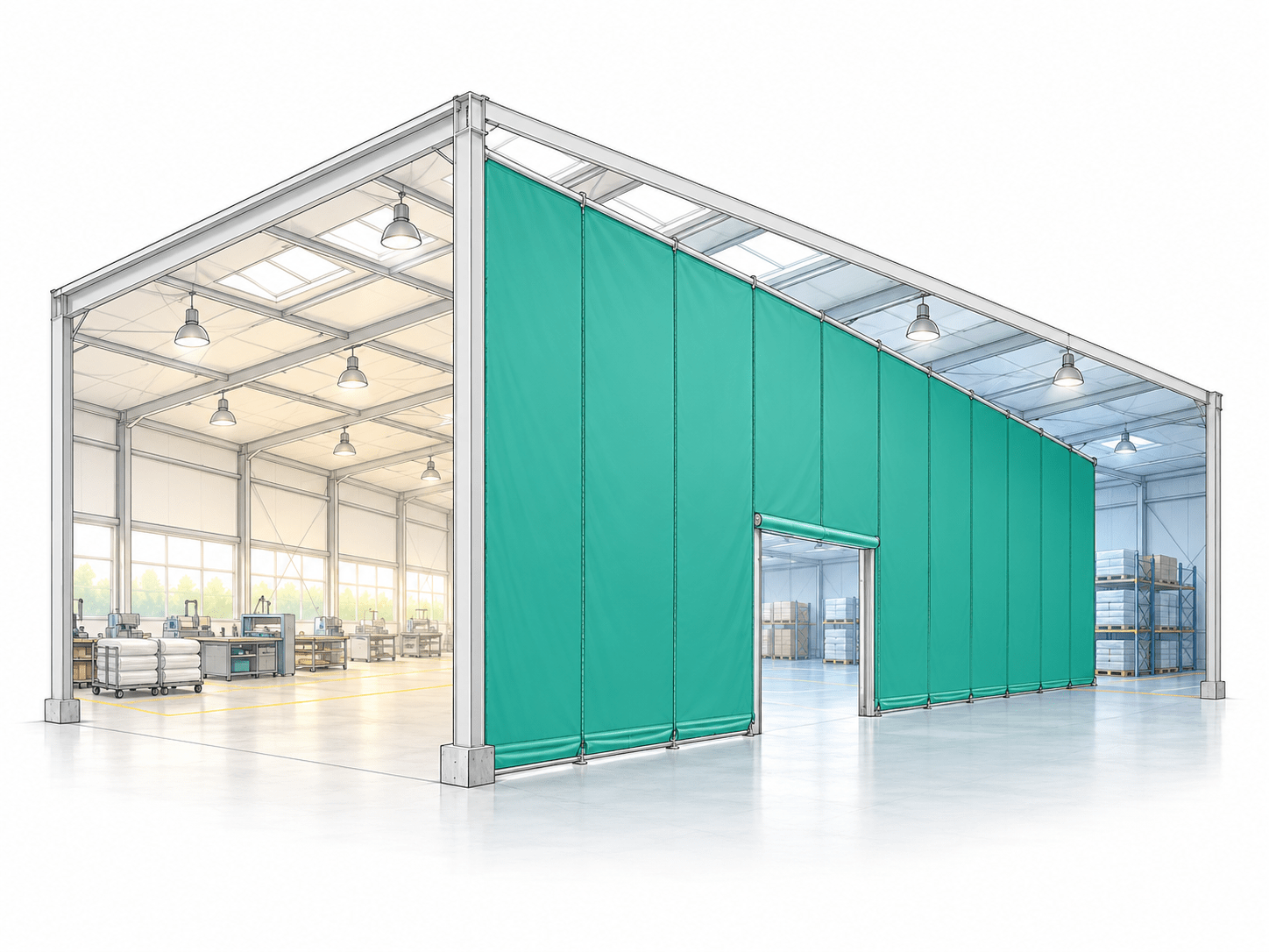 Technische Illustration einer textilen Hallenabtrennung zur Wärmezonenplanung in einer Industriehalle