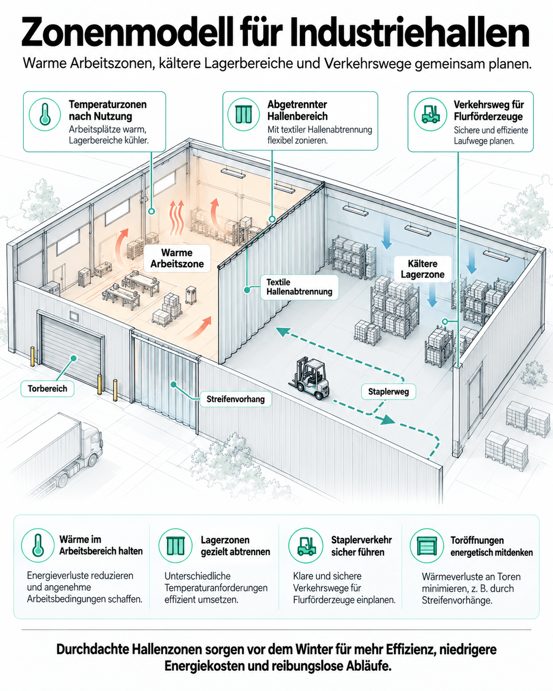Zonenmodell einer Industriehalle mit warmer Arbeitszone, kälterer Lagerzone, Torbereich, Staplerweg und textiler Hallenabtrennung