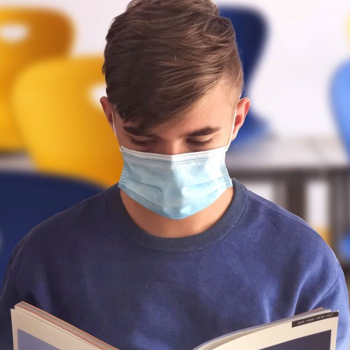 Symbolbild mit einem Schüler mit Mundschutz im Unterricht während der Corona-Pandemie.
